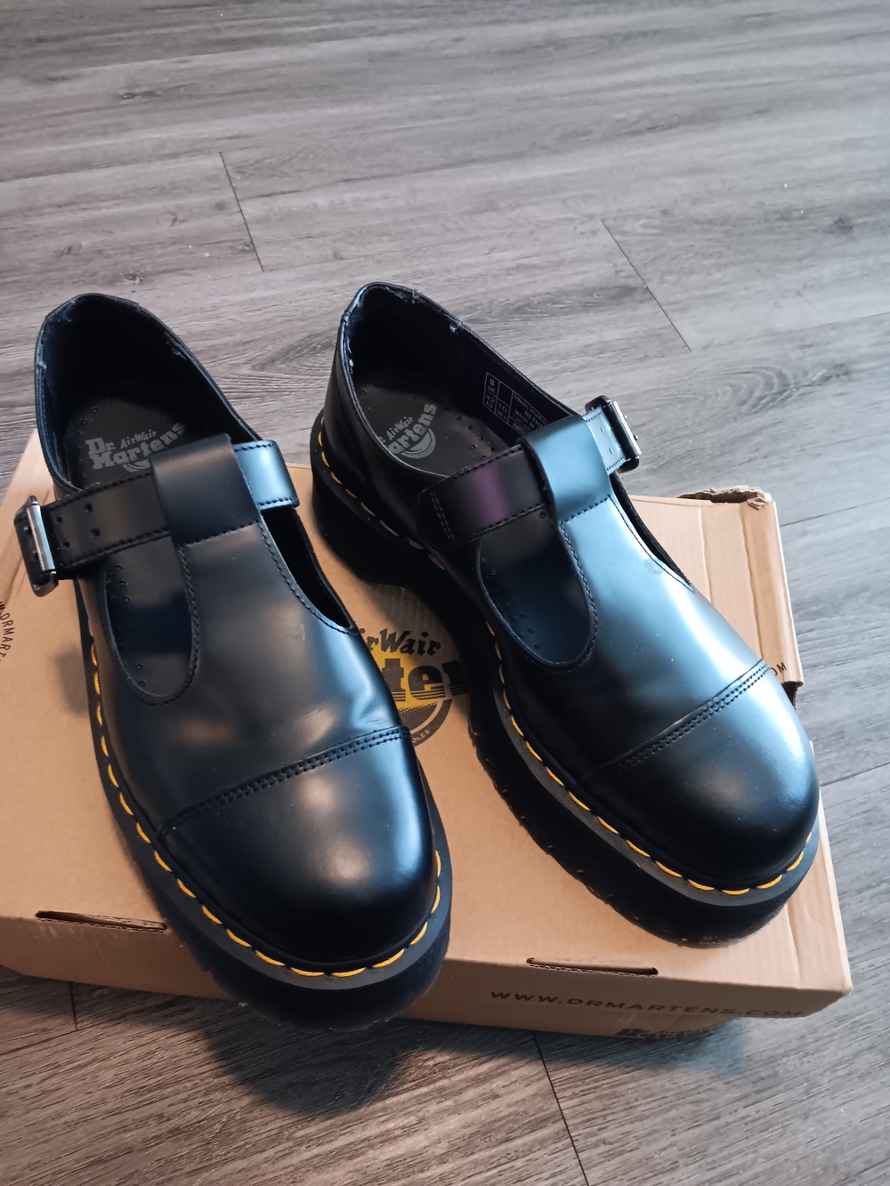 Dr. Martens Black Mary Jane Shoes with Yellow Stitching